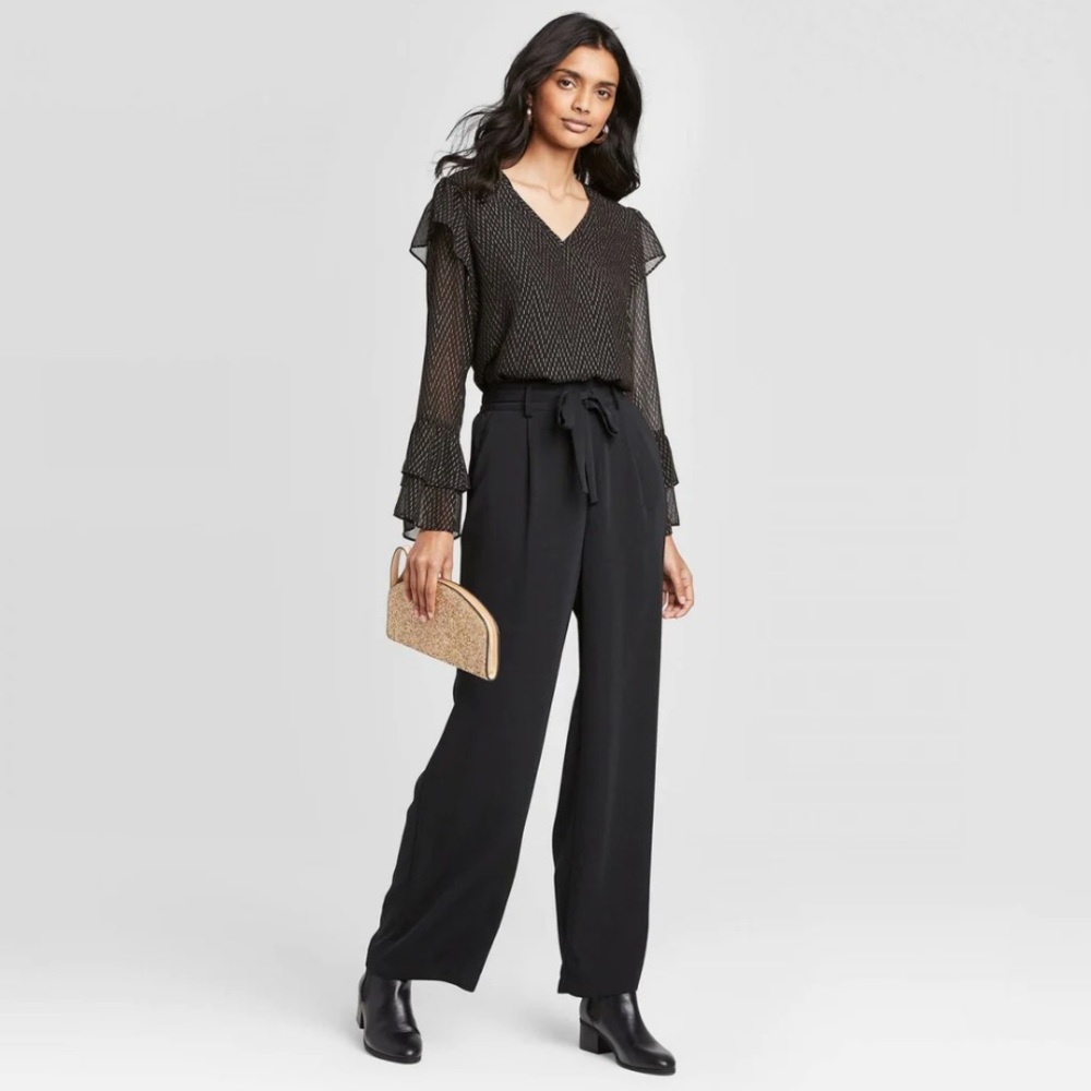 A New Day Black and Gold Ruffled Long V-Neck Sleeve Blouse - Picture 2 of 12